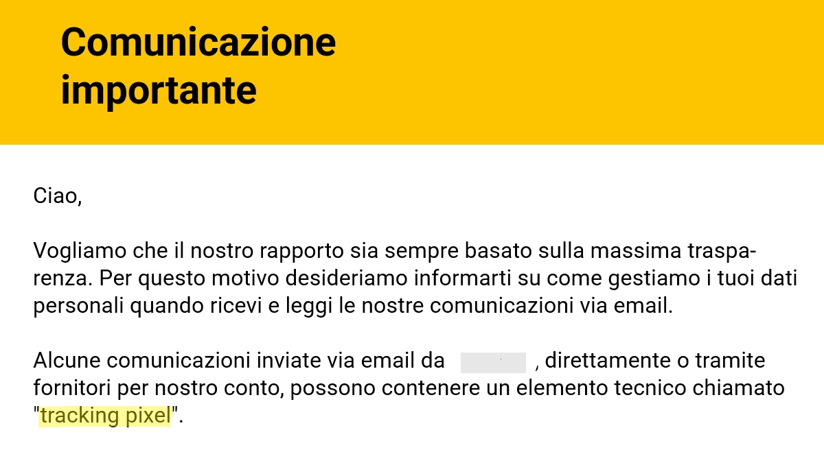 Esempio di Mail di comunicazione sui Tracking Pixel